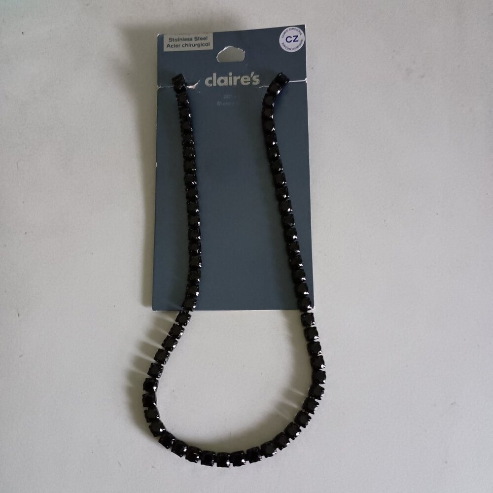 NWT Claire's black cubic zirconia on stainless steel necklace 20"+4"
